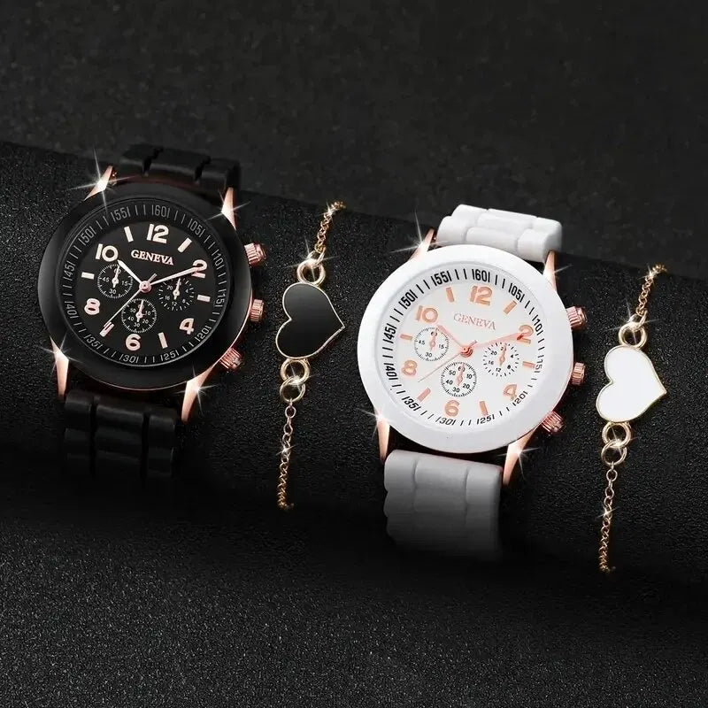 Women Quartz Watch in Silicon Strip in (4 Pcs Set, 2pcs Watch, & 2 pcs Bracelet) Watches Luxury Set