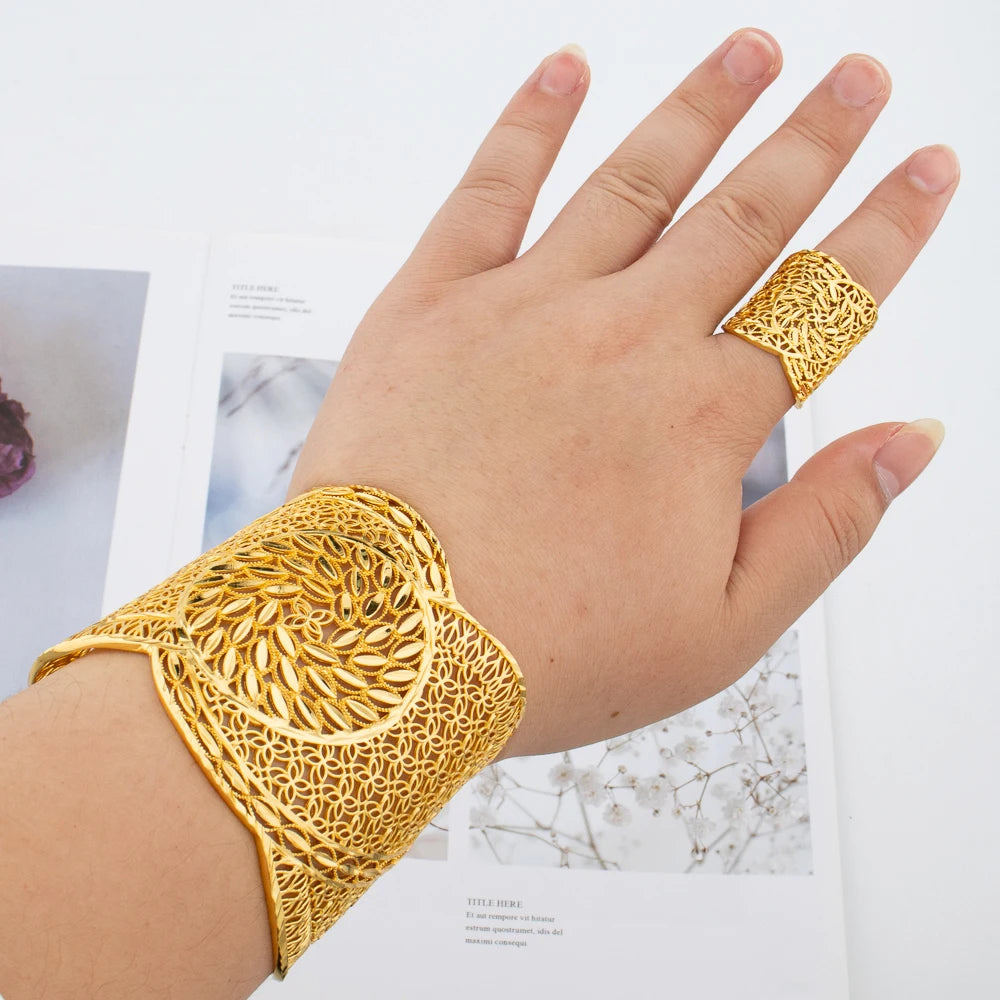 Gold Color Jewelry for Women Exaggerate Bangle Ring Set Cuff Bangle and Finger Ring Gift