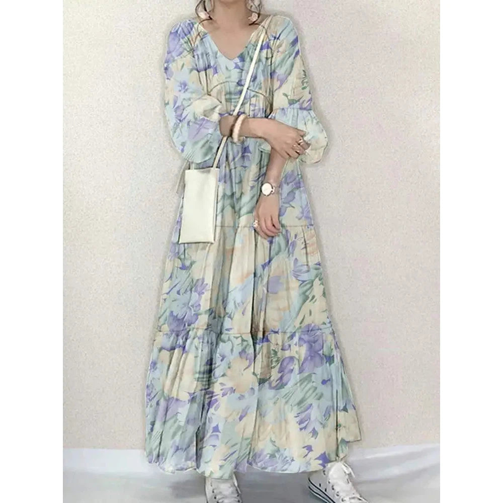 Women Long Causal Dress ZANZEA Fashion Floral Printed Autumn Long Sleeve Loose Holiday Sundress Robe