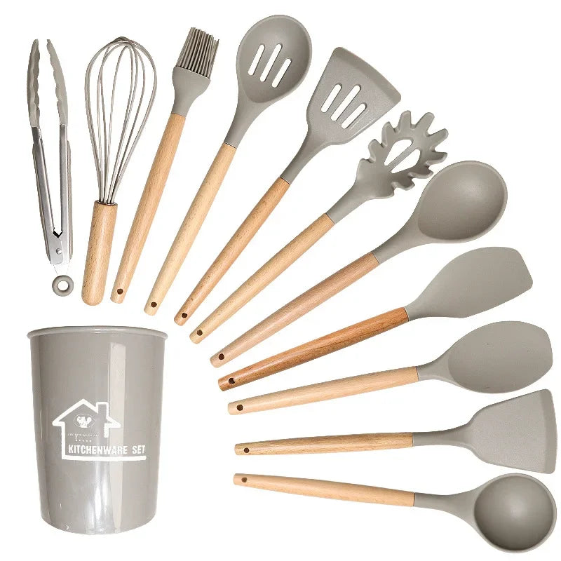 12PCS Silicone Kitchen Utensils Set with Wooden Handles, including spatula and egg beaters. Eco-friendly and non-stick kitchenware accessories.