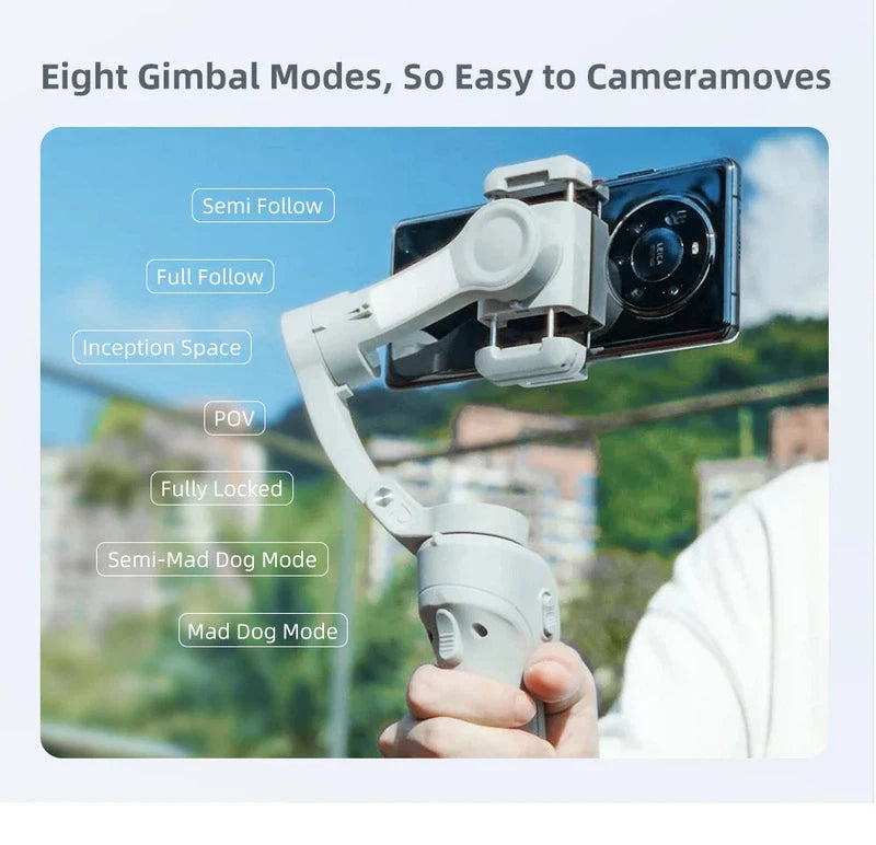 Gimbal stabilizer showcasing eight camera modes including semi follow, full follow, and inception space for smooth video shoots with smartphones.