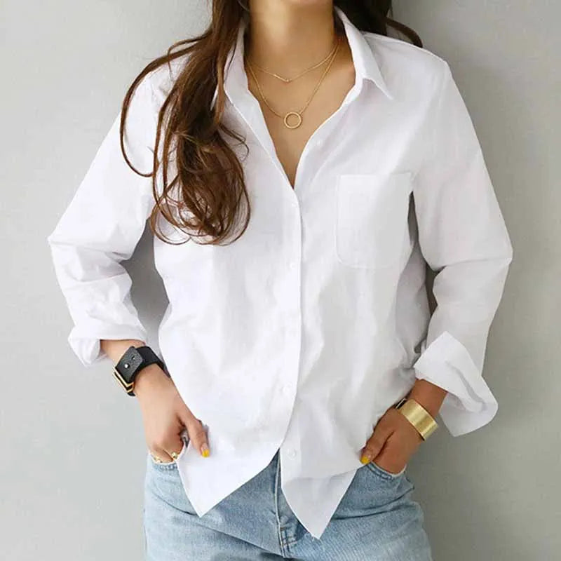 Women Top Cotton Blouse Casual, Cotton White Shirt Women Long Sleeve Button Up Loose