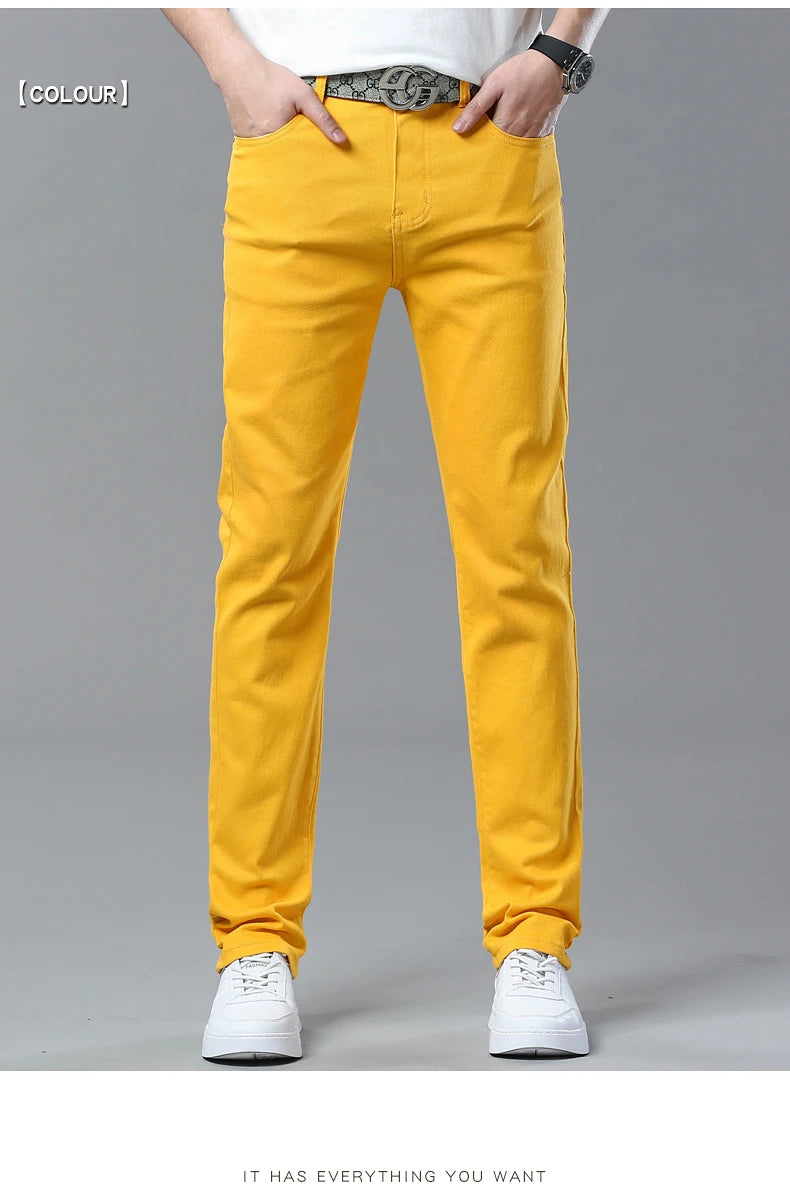 Men's Jeans Casual  Pant Stretch Skinny Jeans New Elastic Yellow Pink Red Slim Male Clothing Solid Color Simple Business Trousers