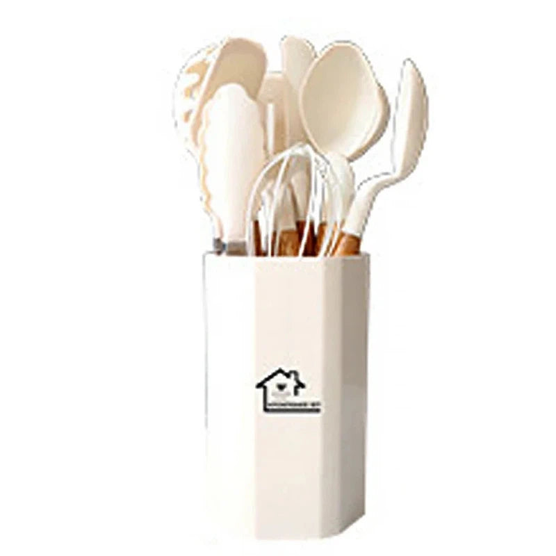 11-piece silicone cooking utensils set with wooden handles, eco-friendly kitchen tools.