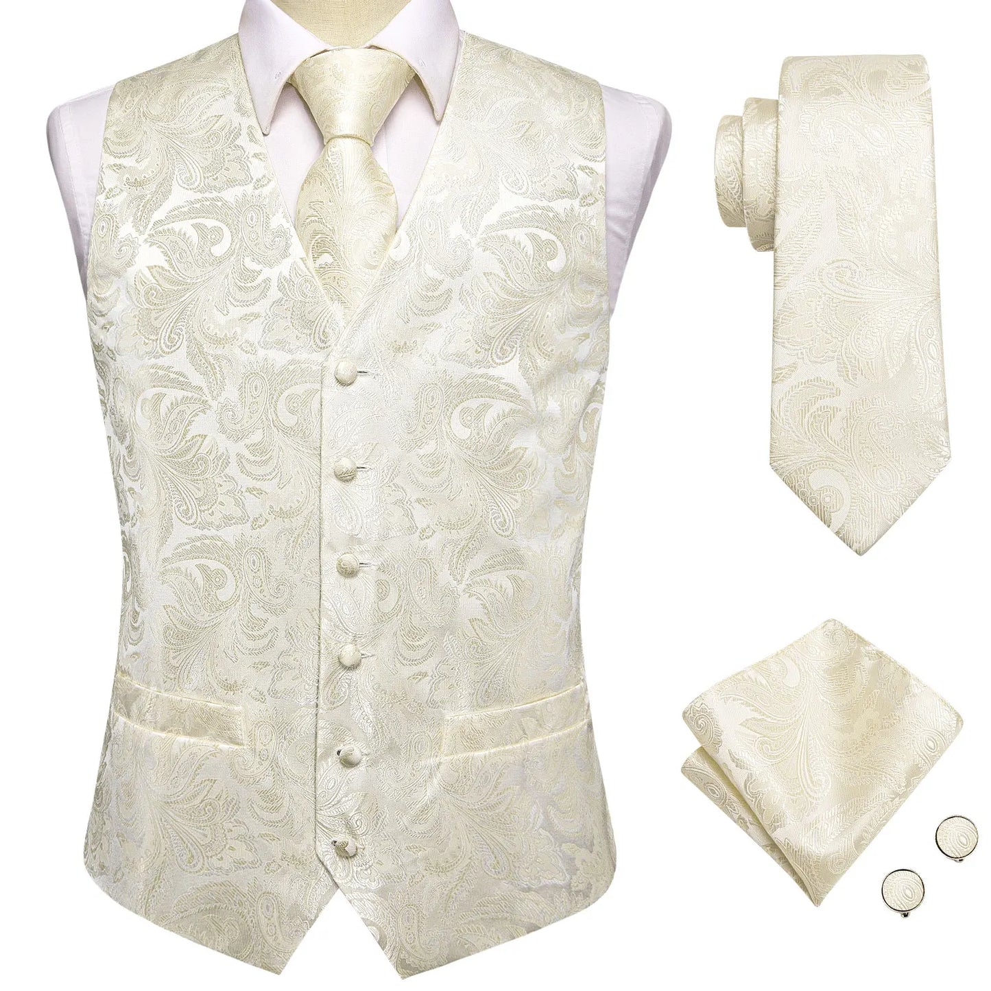 Men Suit Vest Hi-Tie Solid Voilet Lilac Silk 4PC Woven Waistcoat Tie Pocket Square Cufflink Business Wedding Dress Waist Jacket