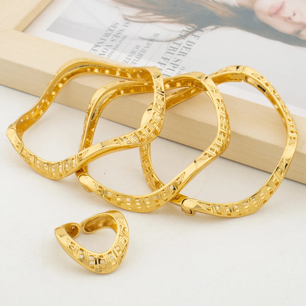 Gold Color Jewelry 3Pcs/lot Bangles with Ring Set Hand Bracelet Cocktail