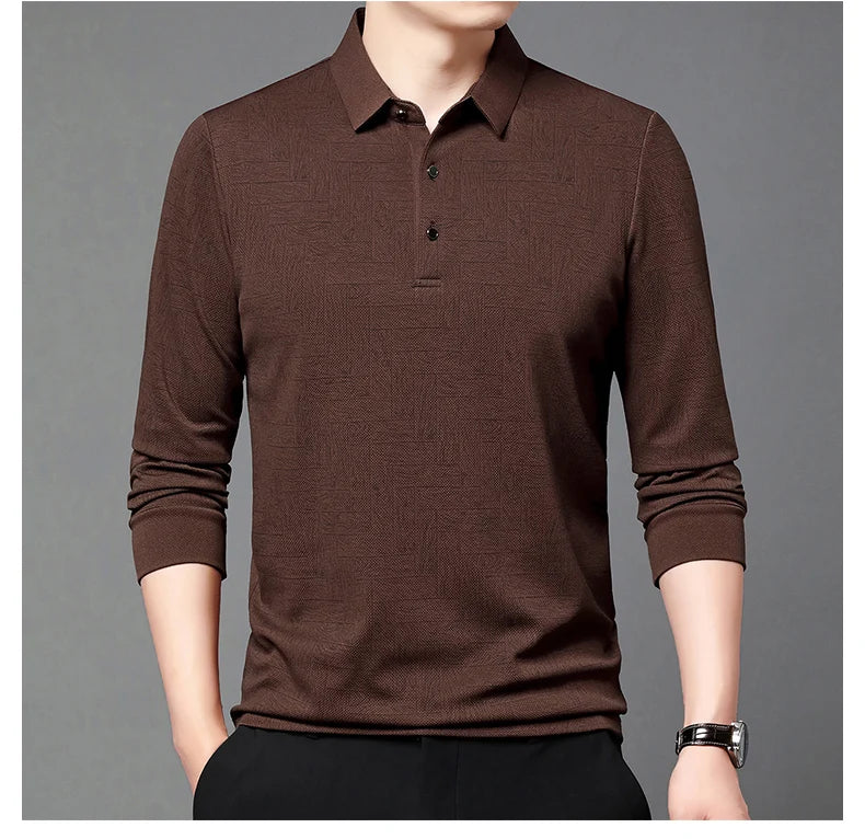 Men's Polo Shirt Hollow Printing Lapel Long-sleeved Business Fashion Male T-Shirt Golf Bottoming Shirt Top