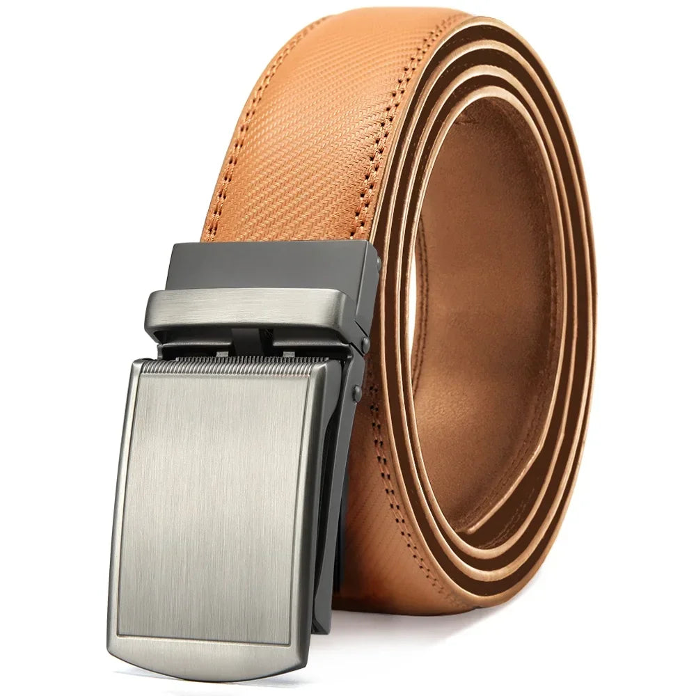 Men Genuine Leather Belt Metal Automatic Buckle Adjustment Adjustable Leather Belt
