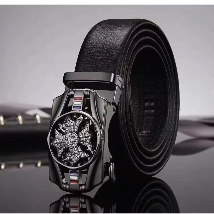 Men Genuine Leather Belt Metal Rotatable Buckle Adjustable Leather Belt