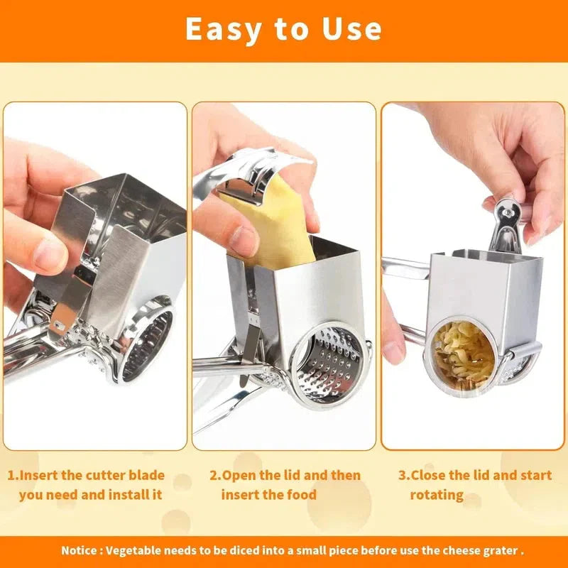 Handheld Grater, Stainless Steel, Rotary Cheese Grater, Hard Cheese or Chocolate Nuts Slicer, Shredder