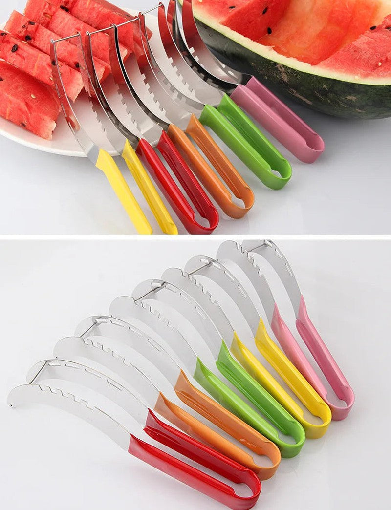 Watermelon slicer cutter with non-slip plastic wrap handle, stainless steel blade, available in various colors, designed to avoid hand injuries when cutting fruit.