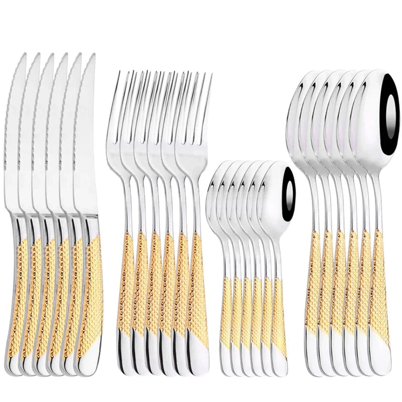 24-piece stainless steel dinnerware set including knives, forks, and spoons with mirror finish, eco-friendly and dishwasher safe.