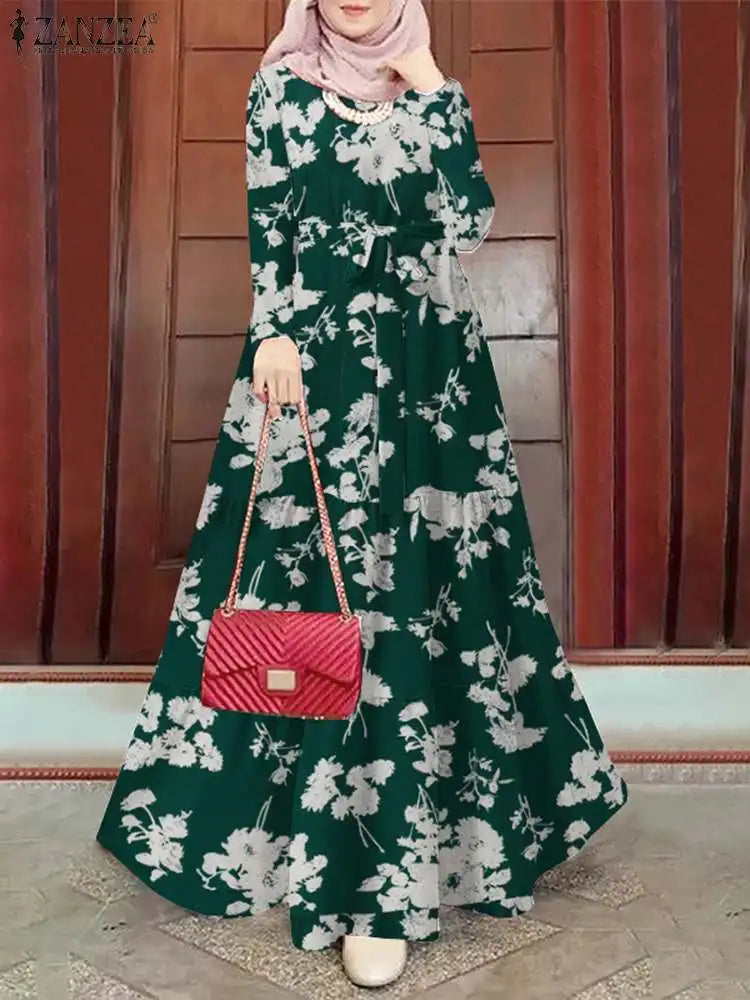 Women Muslim Abaya Long Dress ZANZEA Vintage Long Sleeve Floral Printed Sundress Marocain Eid Mubarek Ramadan Turkey Vestido