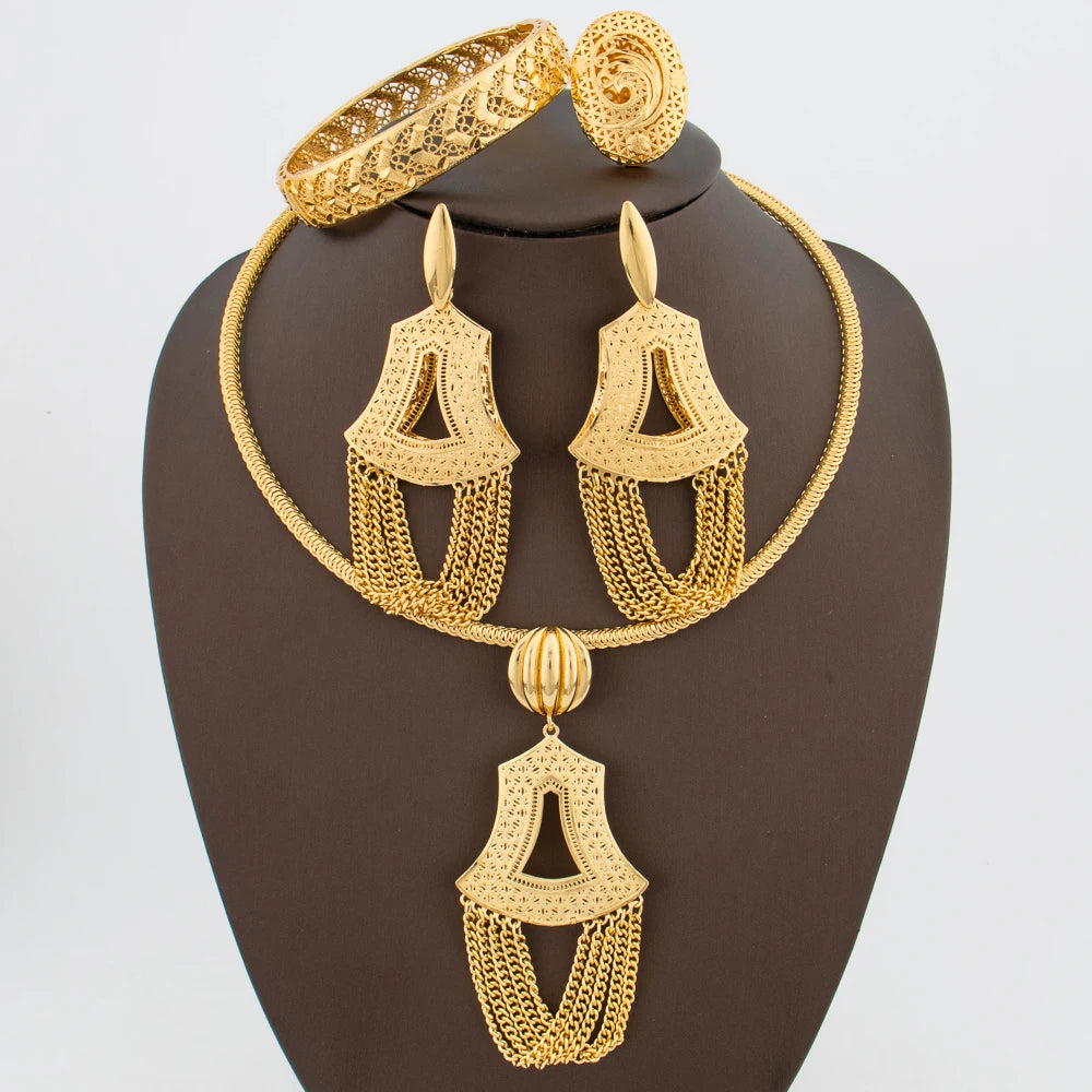 Gold Plated Jewelry Set for Women Dangle Earrings and Pendant Necklace with Bracelet Ring Set