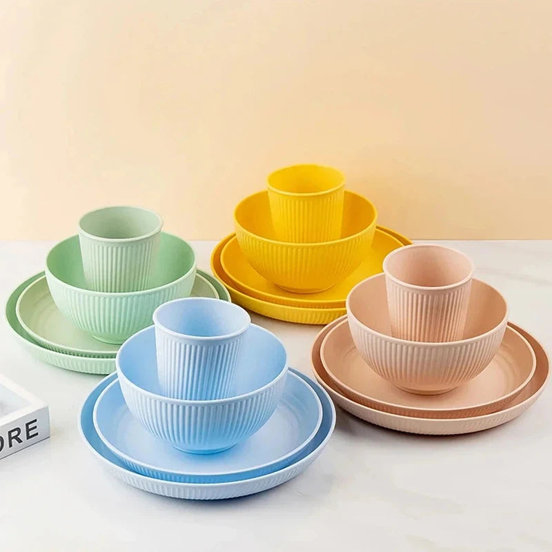 4Pcs Wheat Straw Tableware Set including plate, dish, bowl, and cup in assorted pastel colors; unbreakable and eco-friendly dinnerware.