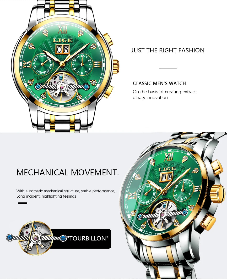 LIGE 2024 Top Brand Luxury Tourbillon Watch Men Fashion Sport Men's Mechanical Wristwatches Casual Waterproof Automatic Watch