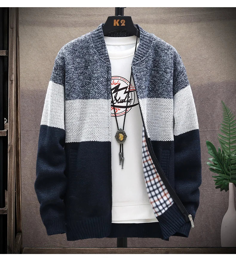 Cardigan Sweater Men Autumn Winter Fleece Zipper Sweaters Velvet Contrast Striped Sweater Coats Casual Jackets