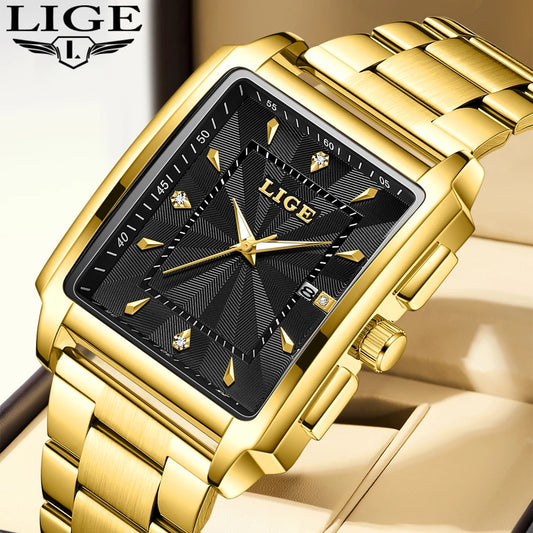 LIGE Gold Watch Men Square Mens Clock Top Brand Luxury Quartz Watches Stainless Steel Waterproof Wristwatch Relogio Masculino