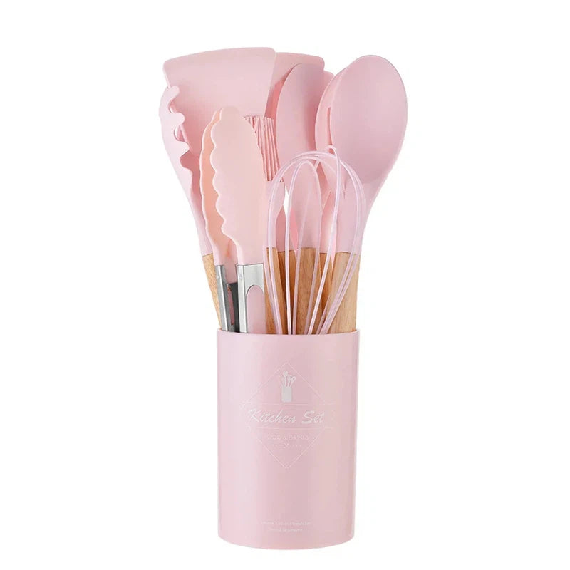 12-piece silicone kitchen utensil set with wooden handles in storage bucket, high temperature resistant, non-stick.