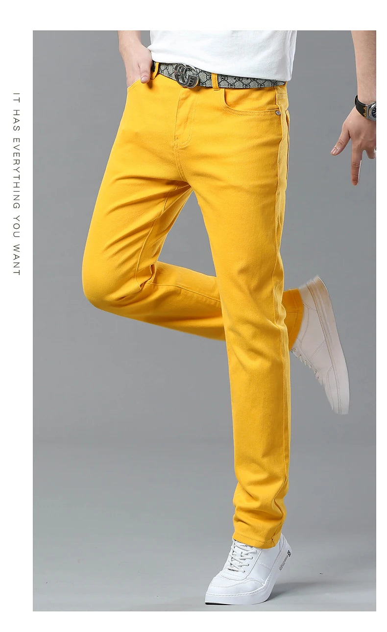 Men's Jeans Casual  Pant Stretch Skinny Jeans New Elastic Yellow Pink Red Slim Male Clothing Solid Color Simple Business Trousers