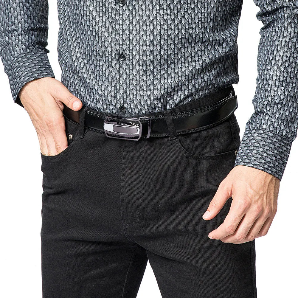 Men Genuine Leather Belt Metal Alloy Automatic Buckle Adjustment 150cm Size