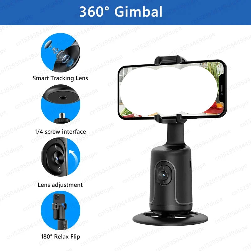 AI tracking gimbal with 360° rotation for smartphone stabilization, featuring smart tracking lens and 1/4 screw interface, ideal for live streaming and video recording.