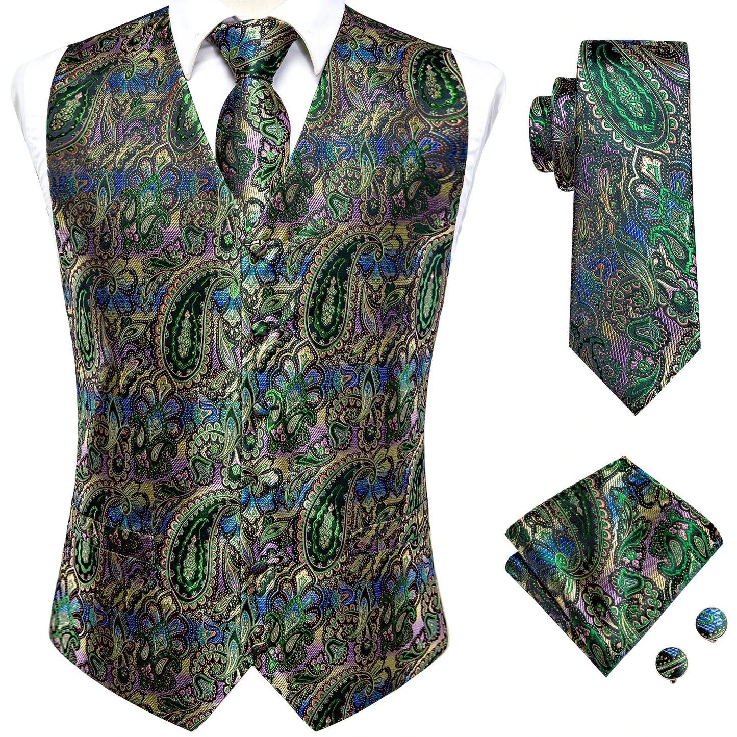 Men Suit Vests Hi-Tie Silk 4PC Woven Floral Black Waistcoat Tie Pocket Square Cufflink Business Wedding Dress Waist Jacket