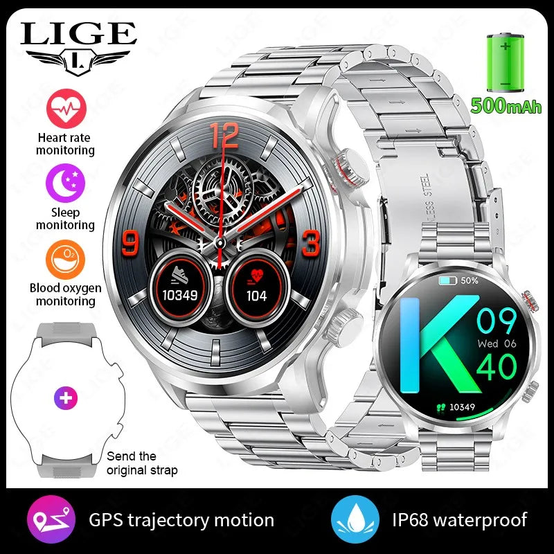 LIGE Smart Watch 1.95 inch Large Screen Bluetooth Calling Health Monitoring 500mAh Large Battery AI Voice Men Smartwatch EX100