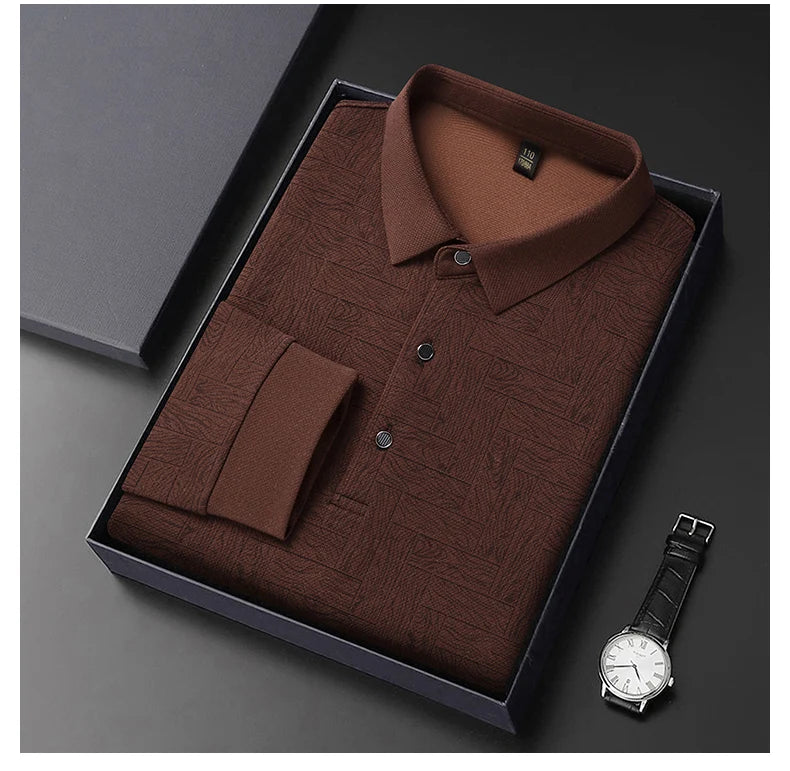 Men's Polo Shirt Hollow Printing Lapel Long-sleeved Business Fashion Male T-Shirt Golf Bottoming Shirt Top