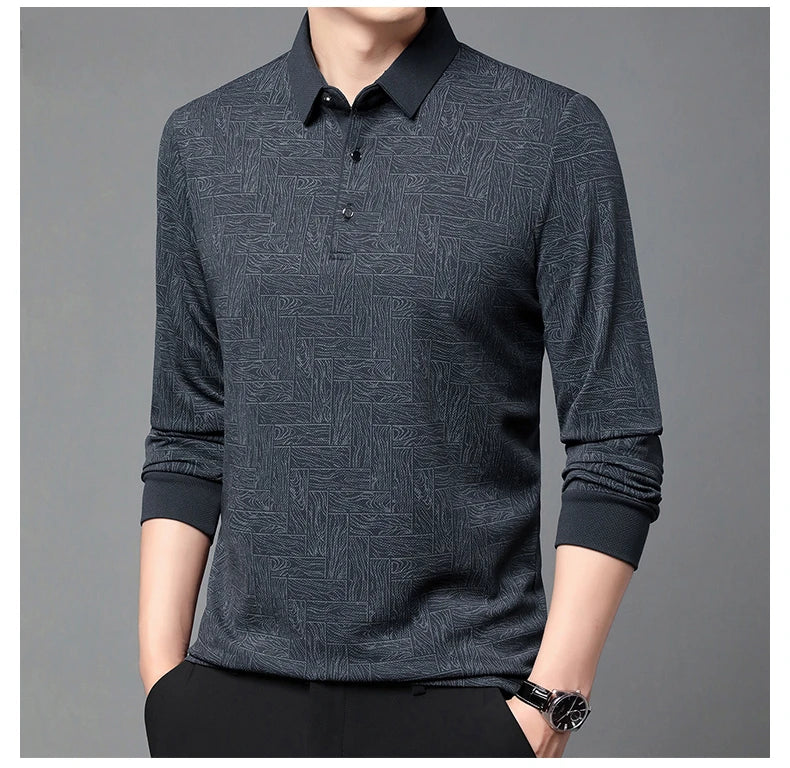 Men's Polo Shirt Hollow Printing Lapel Long-sleeved Business Fashion Male T-Shirt Golf Bottoming Shirt Top