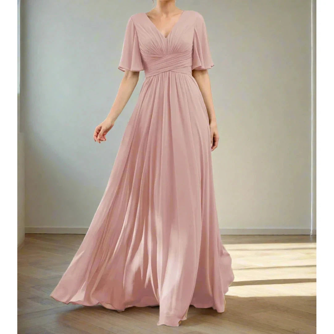 Swing Formal Dress For Women DMDRS Bridesmaid Prom Dresses Half Sleeves V Neck Chiffon Women's Evening Gown robe de soriee