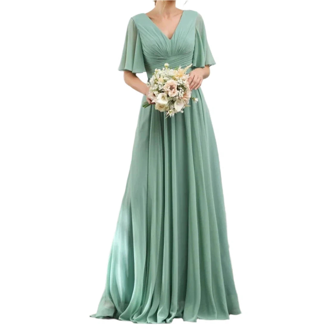 Swing Formal Dress For Women DMDRS Bridesmaid Prom Dresses Half Sleeves V Neck Chiffon Women's Evening Gown robe de soriee