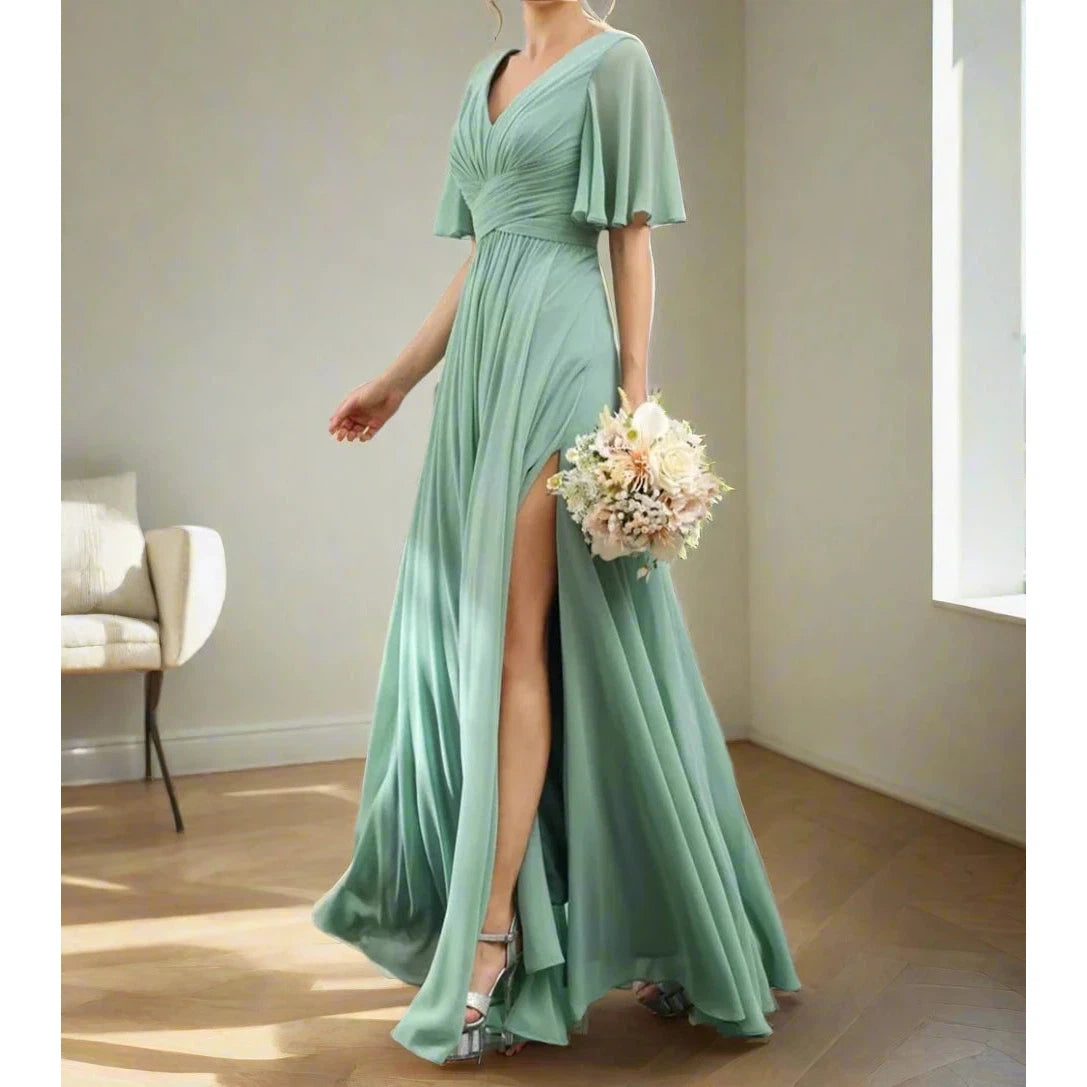 Swing Formal Dress For Women DMDRS Bridesmaid Prom Dresses Half Sleeves V Neck Chiffon Women's Evening Gown robe de soriee