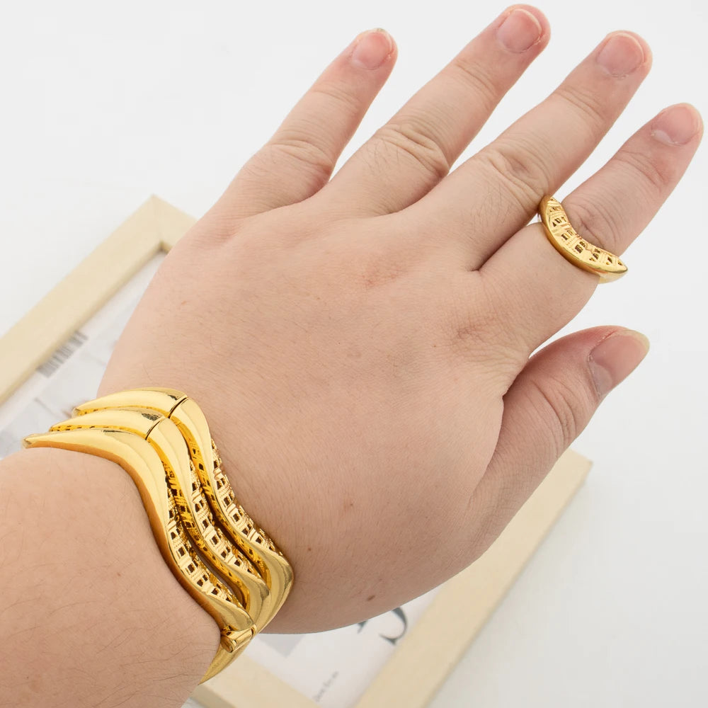 Gold Color Jewelry 3Pcs/lot Bangles with Ring Set Hand Bracelet Cocktail