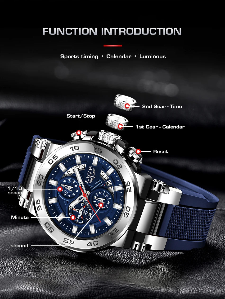 LIGE New Men's Watches Top Luxury Brand Big Dial Watch Men Waterproof Quartz Wristwatch Sport Chronograph Clock