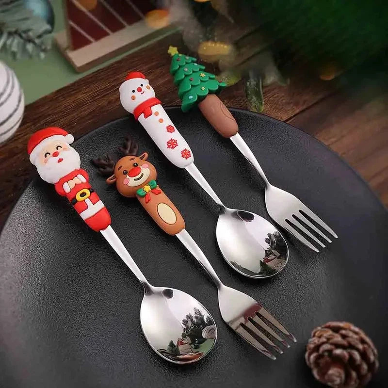 Christmas cutlery set with cartoon dolls, including spoons and forks.