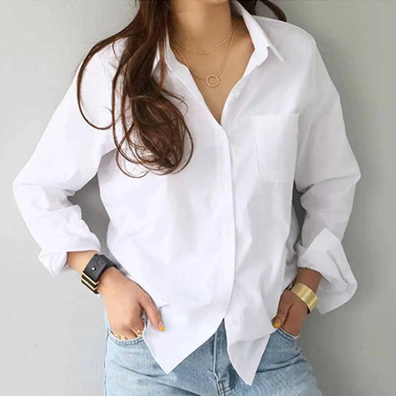 Women Top Cotton Blouse Casual, Cotton White Shirt Women Long Sleeve Button Up Loose