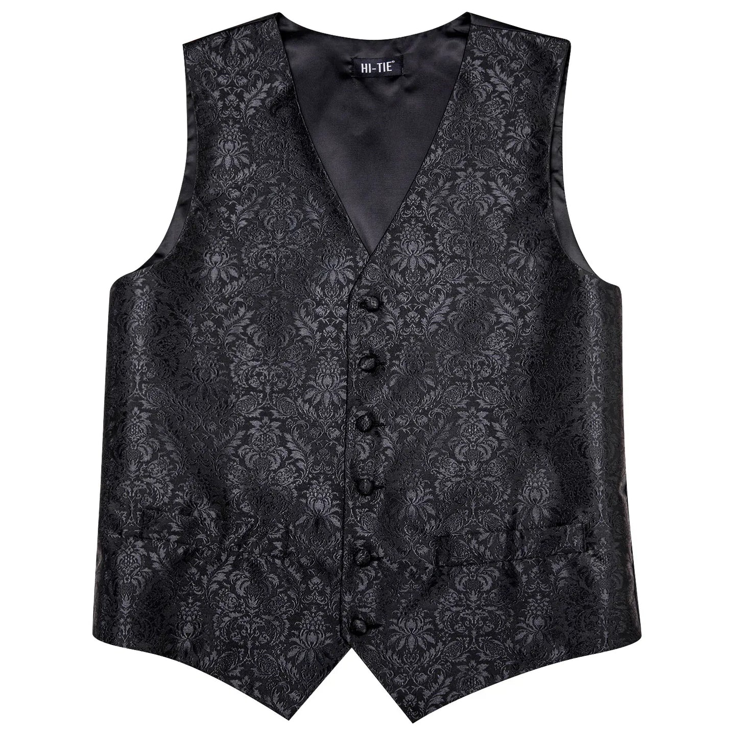 Men Suit Vests Hi-Tie Silk 4PC Woven Floral Black Waistcoat Tie Pocket Square Cufflink Business Wedding Dress Waist Jacket