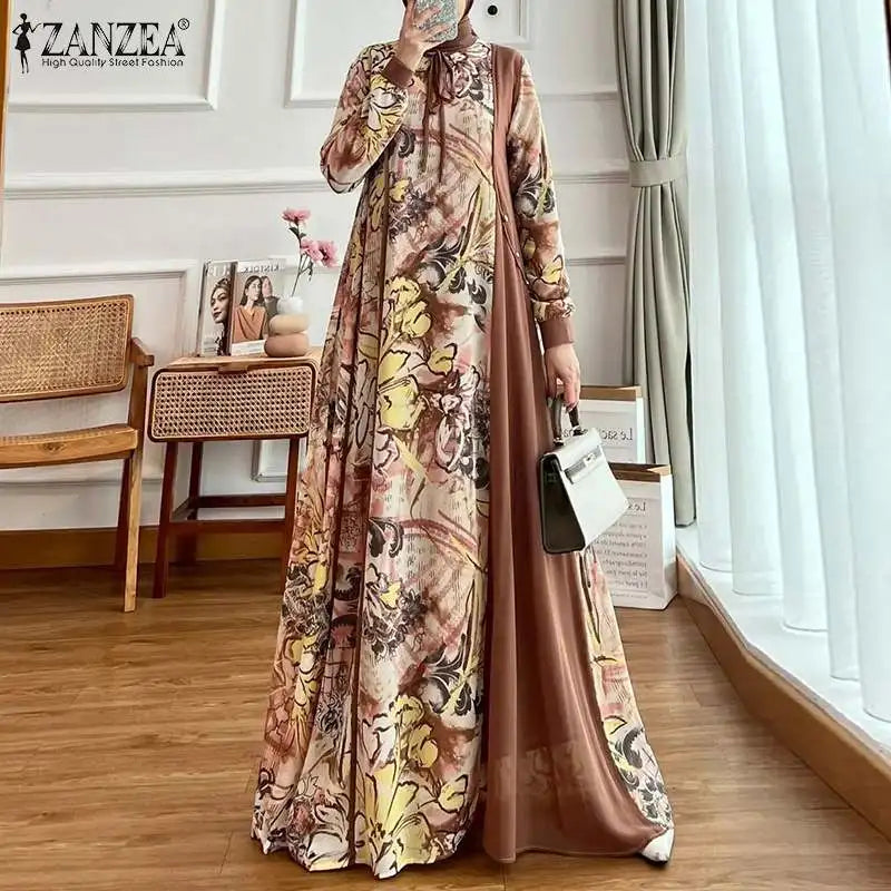 Abaya Muslim Fashion Long Sleeve O Neck Abaya Robes ZANZEA Women Elegant Floral Printed Patchwork Long Dresses