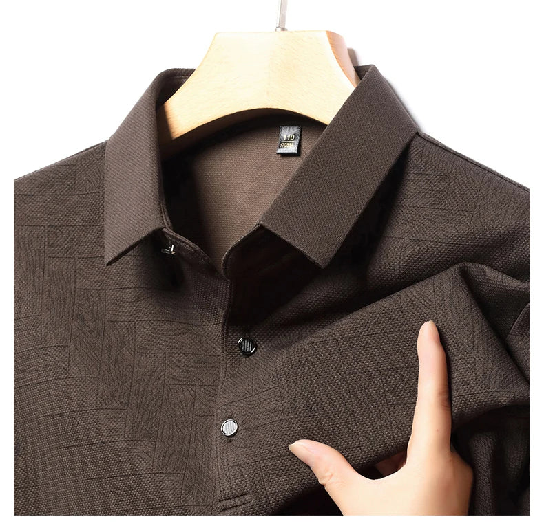 Men's Polo Shirt Hollow Printing Lapel Long-sleeved Business Fashion Male T-Shirt Golf Bottoming Shirt Top