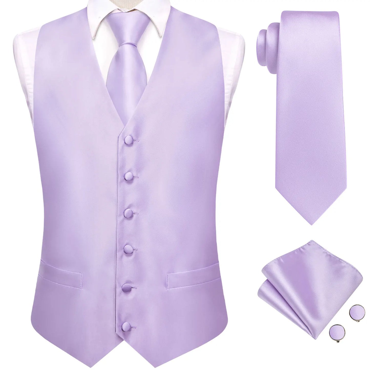 Men Suit Vest Hi-Tie Solid Voilet Lilac Silk 4PC Woven Waistcoat Tie Pocket Square Cufflink Business Wedding Dress Waist Jacket