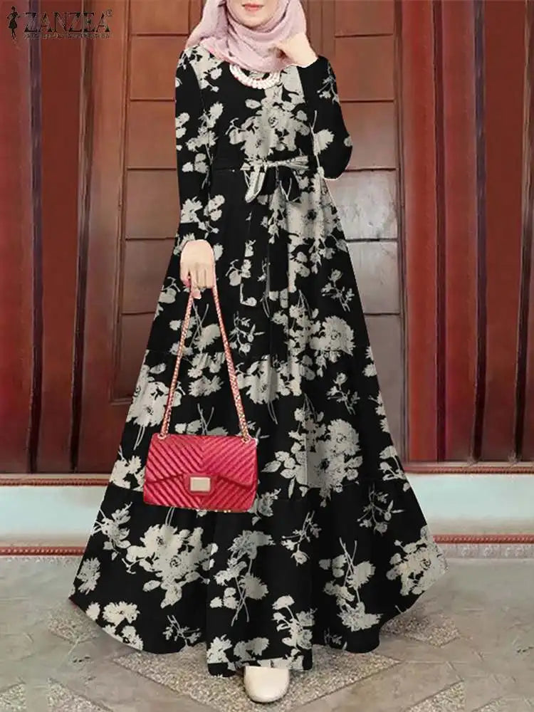 Women Muslim Abaya Long Dress ZANZEA Vintage Long Sleeve Floral Printed Sundress Marocain Eid Mubarek Ramadan Turkey Vestido