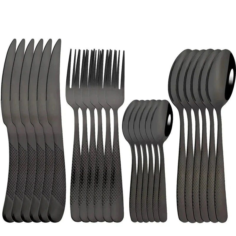 24-piece stainless steel dinnerware set with knives, forks, and spoons; Western cutlery, dishwasher safe with a mirror finish.