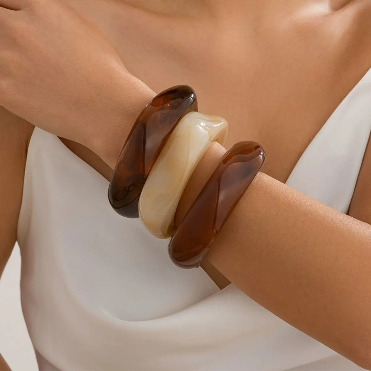 KMVEXO Vintage Punk Brown Coffee Thick Resin Acrylic Bangles Geometric Irregular Wide Cuff Bangle Bracelet