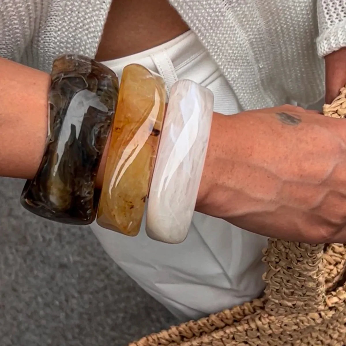 KMVEXO Vintage Chunky Coffee Thick Resin Acrylic Smudging Bangles Geometric Irregular Bangle Bracelets