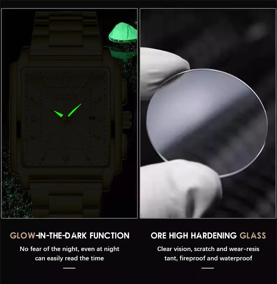 LIGE Gold Watch Men Square Mens Clock Top Brand Luxury Quartz Watches Stainless Steel Waterproof Wristwatch Relogio Masculino