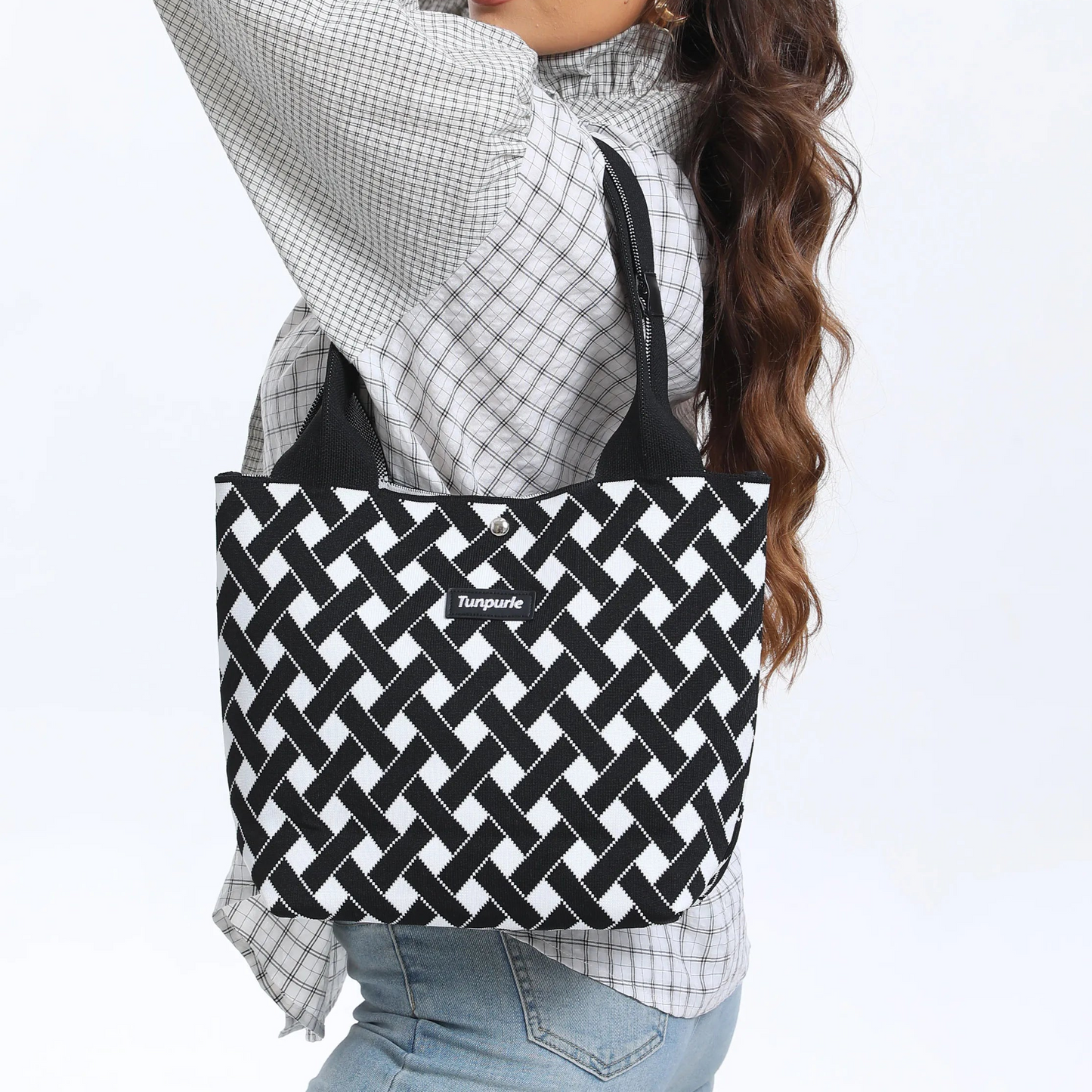 Ladies' classic tote bag, casual black and white handbag