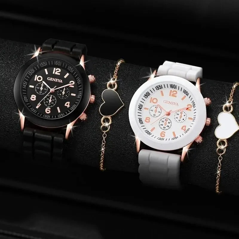 Women Quartz Watch in Silicon Strip in (4 Pcs Set, 2pcs Watch, & 2 pcs Bracelet) Watches Luxury Set