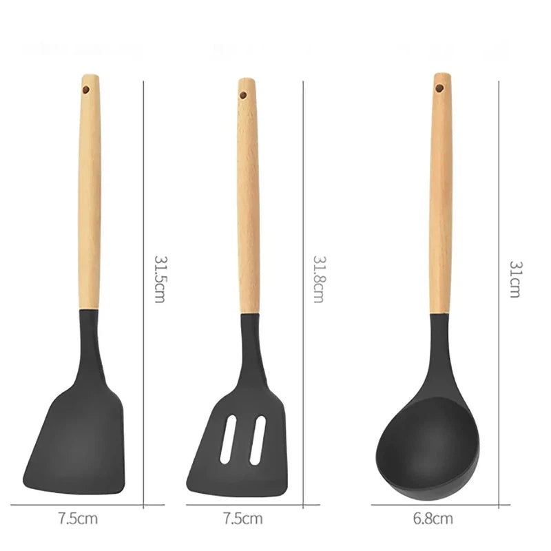 12-piece silicone kitchen utensils set with wooden handles, featuring a spatula, spoon, and non-stick tools, high temperature resistant.