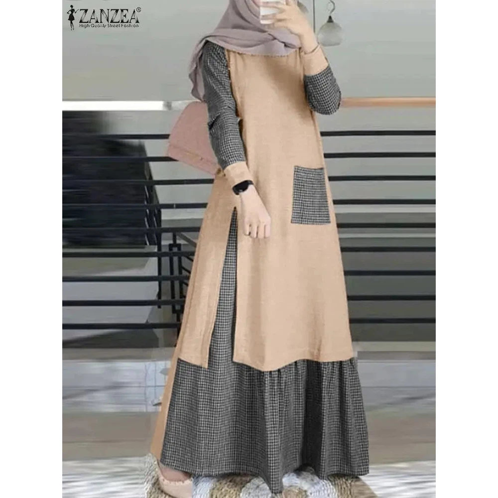 Abaya for Muslim Women Patchwork Long Sundress Robe ZANZEA Long Sleeve Vintage Muslim Plaid Dress